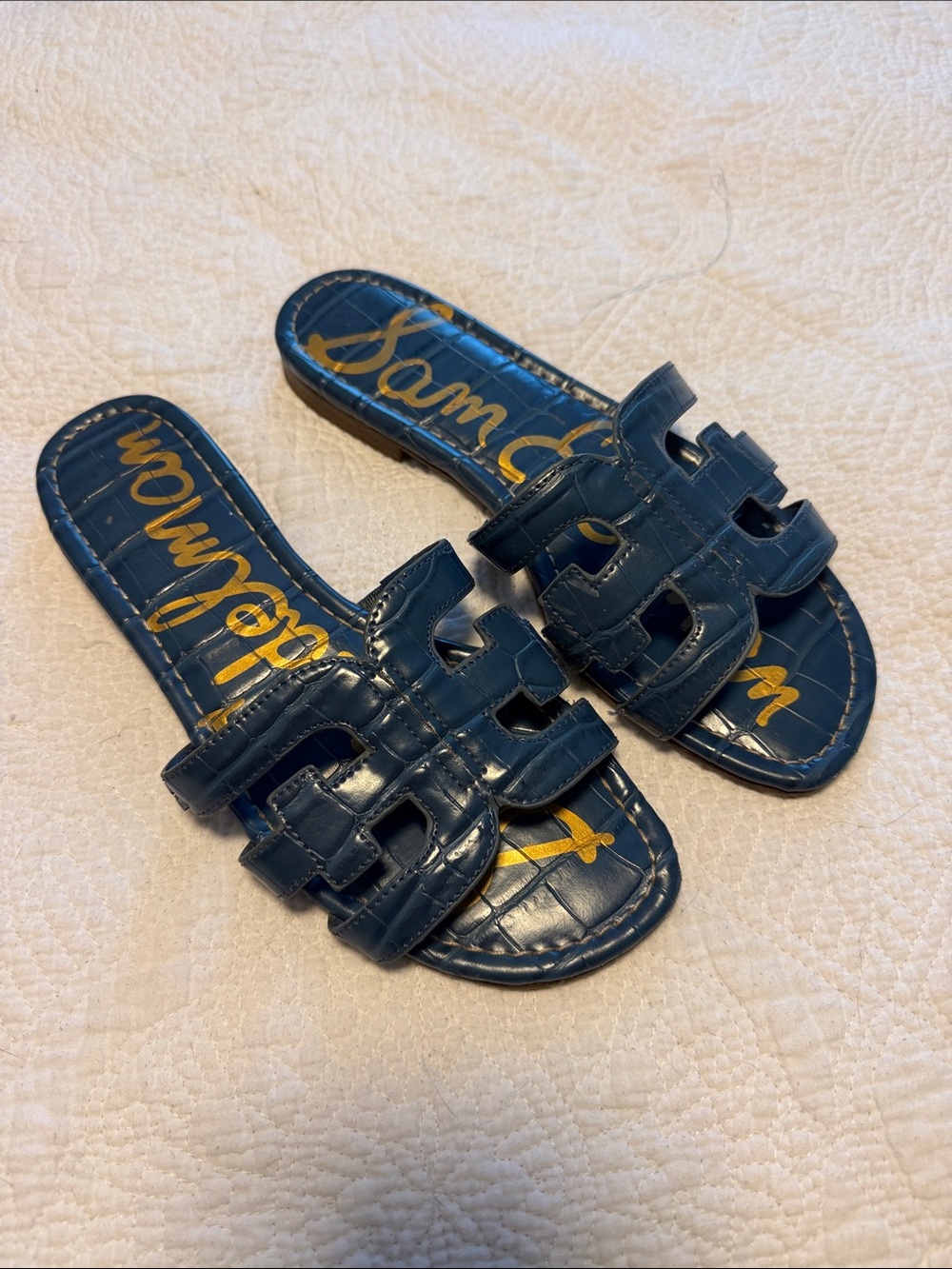 Sam Edelman Blue Mock Crocodile Patent Slide Sandals